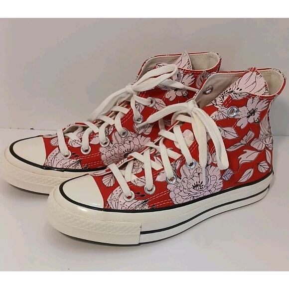 Converse Chuck Taylor All Star Hi Red With Pink Flowers Cherry Blossom Women's 6 - Picture 1 of 10